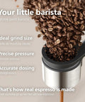Compact Home Espresso Machine With Built In Grinder And 16 Bar Pump Auto Grinding Tamping And Brewing For Smooth Bean To Cup Coffee Without The Daily Grind Stress with coffee beans and dosing features.