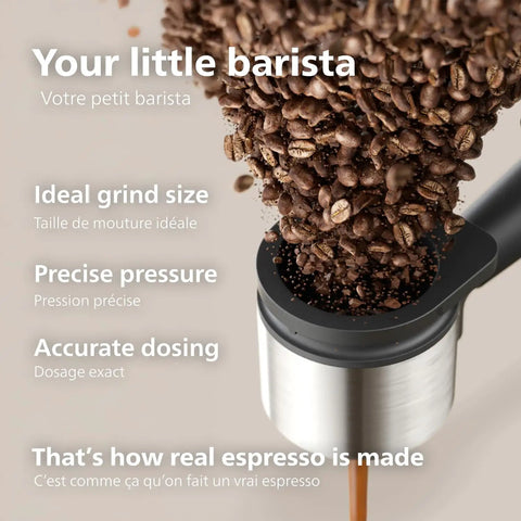 Compact Home Espresso Machine With Built In Grinder And 16 Bar Pump Auto Grinding Tamping And Brewing For Smooth Bean To Cup Coffee Without The Daily Grind Stress with coffee beans and dosing features.