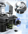 Close-up of the fine focus hand wheel on the 40X-5000X Compound Trinocular Microscope With 5MP Camera Abbe Condenser 30 Slides And Wireless Imaging For USB Display Awesome For School Lab Home Education And Adult Enthusiasts.