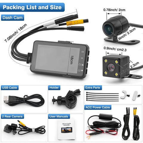 Dual 1080P Waterproof Bike Dash Cam With 3 Inch Screen, Night Vision, Front And Rear HD Recording components and accessories.