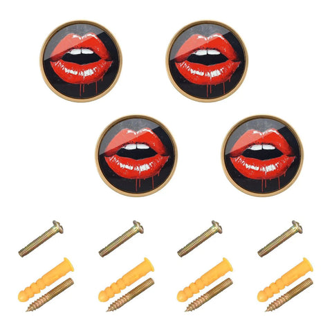 Four Piece Sweet Red Lips Round Drawer Knobs With Hassle Free Screw Hardware For Kitchen Cabinets Dressers And Vanity Drawers Super Chic Home Update Fresh Vibe Alert, featuring glossy red lips and installation hardware.