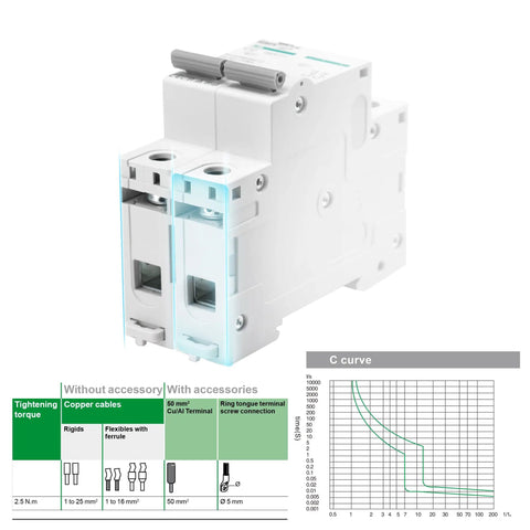 Tough Built 2P Dc Circuit Breaker 20Amp 500Volt Din Rail Mount Solar Disconnect Switch For Pv Panels Battery Bank Inverter RV Camper Home Electrical Panel showcasing internal structure and connection specifications.