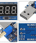 Collage of a Dual USB Buck Boost Power Module That Packs a Punch, 3.5V To 12V Input, 1.2V To 24V Output, DC DC Converter With Display