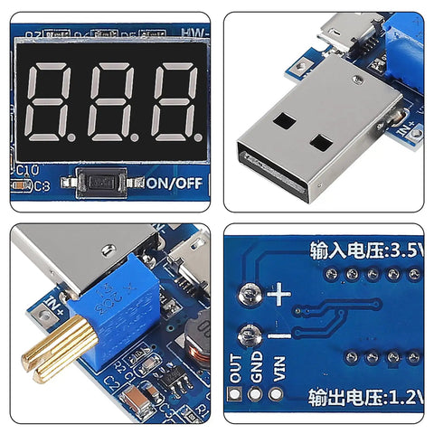 Collage of a Dual USB Buck Boost Power Module That Packs a Punch, 3.5V To 12V Input, 1.2V To 24V Output, DC DC Converter With Display