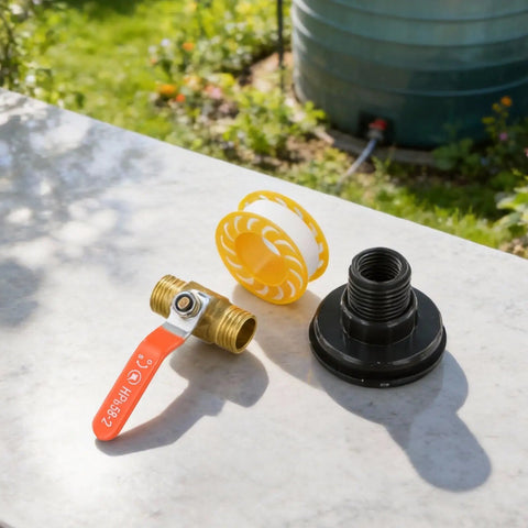 Rock Solid One Half Inch Brass Ball Valve With Bsp Male Threads For Water Line Connections Built Tough For Long Haul Performance And Super Easy Diy Installation positioned on a countertop with tape and a black coupling.