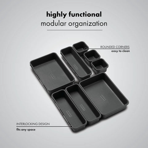 8 Piece Interlocking Bin Pack Junk Drawer Friendly Customizable Drawer Organizer Set For Office Kitchen Bathroom And Tools Durable Modular Storage Bins With Non Slip Feet