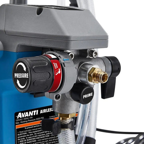 Pro Grade Airless Paint Sprayer With A Mean 3000 Psi Kick For Unthinned Latex Primers And Stains Quick Prime Suction Hose controls and connections.