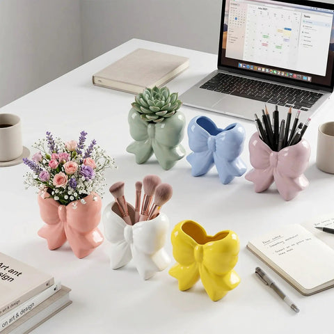 Six Piece Bow Pencil Holder Set For Back To School Ceramic Coquette Pen Holder Desk Organizer for makeup and stationery, pastel colors