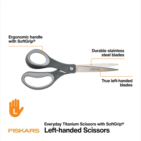 Left-Handed Titanium Scissors With Soft Grip Handle For Comfort And Precision, 8 Inch Stainless Steel Blades Built For Day-To-Day Home And Office Tasks Like Paper Cardboard Photos And More, side view with ergonomic handle.