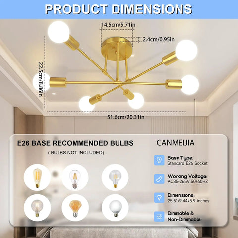 Six Arm Gold Sputnik Ceiling Light Fixture Dope Modern Chandelier Flush Mount in a living room setting, dimensions shown.
