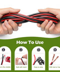 Hands holding 40 Ft 18 Gauge Two Pin Red And Black LED Strip Extension Cable For 12V And 24V DC Wiring Flexible Wire Extension Cord For LED Ribbons Lamps Tape Lighting Built For DIY Home Or Car Projects with usage instructions.