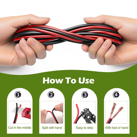 Hands holding Heavy Duty 14 Gauge Red Black Wire 50Ft 14/2 AWG Parallel DC Cable with usage instructions below