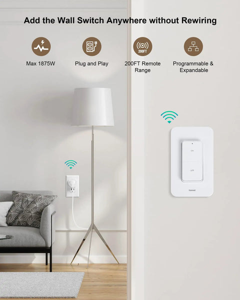 Remote Control Outlet With Wireless Wall Switch, 200 Ft RF Range, Plug And Play, Control Lamps And Lights From Across The Room