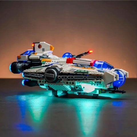Illuminated Lego 75357 Airship model with USB-Powered LED Lighting Kit, showcasing copper wire lights and ABS construction