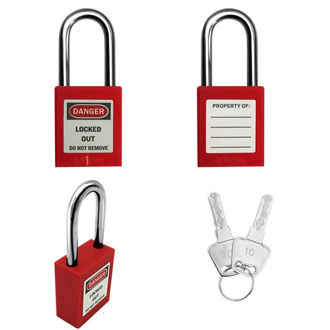 Lockout Tagout Kit With Ten Padlocks And Tags Key Alike One Through Ten OSHA Safety Locks in durable steel with two keys