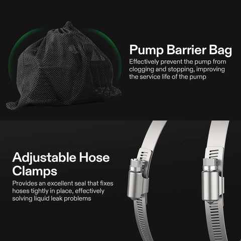 Pump barrier bag and adjustable hose clamps for 2600 GPH Submersible Water Pump With Barrier Bag Ultra Quiet 200W