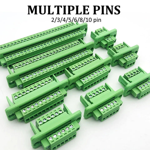 Assorted terminal blocks with multiple pin configurations shown, including 4-pin, fitting 16 to 28 AWG wires with PA66 material.