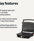 Amazon Basics Panini Press And Electric Indoor Grill With Adjustable Temp Settings Non Stick Ceramic Plates Black showing key features for versatile cooking options.