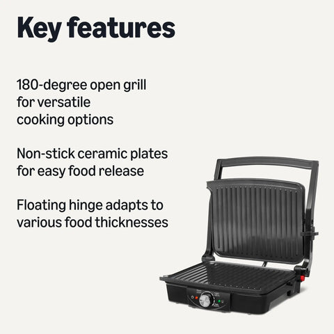 Amazon Basics Panini Press And Electric Indoor Grill With Adjustable Temp Settings Non Stick Ceramic Plates Black showing key features for versatile cooking options.