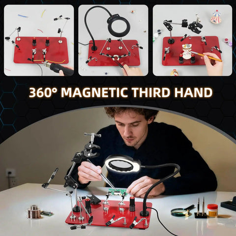 Magnetic Third Hand Soldering Station With Four Arms And 12 Inch Reach in use for electronics PCB repair with waterproof steel base.