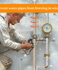 Plumber installing Two Pack 33Ft Foam Pipe Insulation Wrap With Self Adhesive Waterproof Aluminum Foil on outdoor pipes in snow