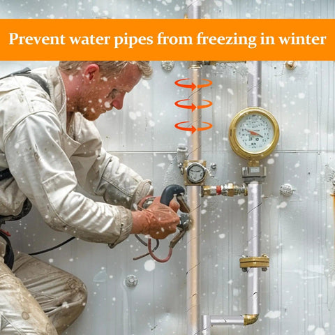 Plumber installing Two Pack 33Ft Foam Pipe Insulation Wrap With Self Adhesive Waterproof Aluminum Foil on outdoor pipes in snow