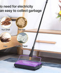 Lightweight Manual Carpet Sweeper And Rug Cleaner Cruises Across Carpets Without Breakin A Sweat Picks Up Pet Hair And Dust Like A Charm For Quick Daily Cleanup Sessions on a rug gathering debris.