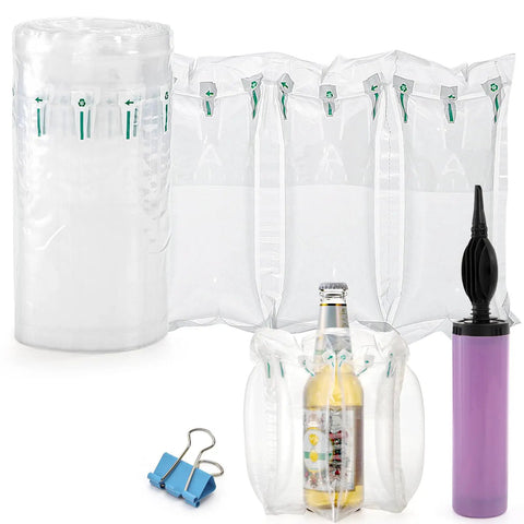 400 Count Air Pillows For Shipping Roll With Pump Inflatable Air Cushions Leak Proof Bag Stuffing To Protect Your Packages Reusable Packaging Filler For Shipping And Moving Boxes 3.54 In By 7.87 In with a bottle, pump, and clip visible