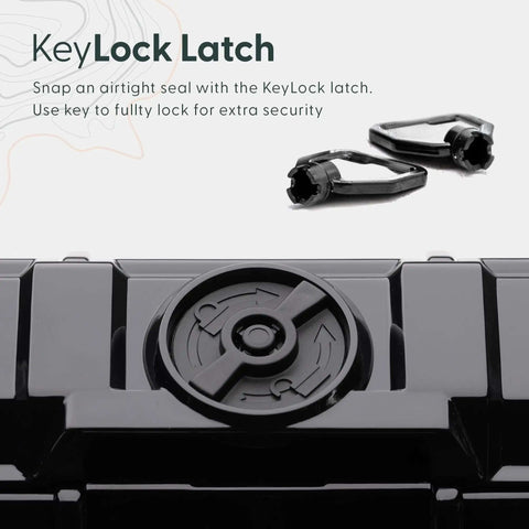 KeyLock latch close-up on Badass Mil Spec Waterproof Dry Box Case for secure airtight seal and lock.