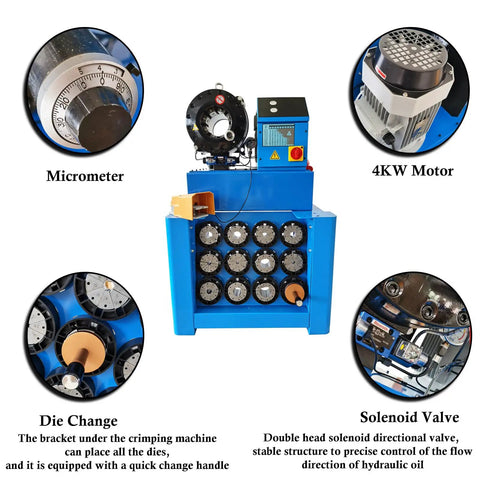 Built Tough Hydraulic Hose Crimper 220V 3 Phase 4 KW with micrometer, 4KW motor, and solenoid valve for effective tubing crimping.