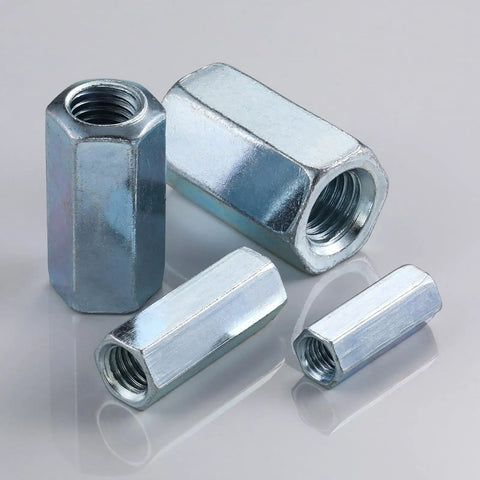 Extended Hexagon Quarter Inch 20 Coupling Nuts Zinc Plated Steel Threaded Rod Connectors in different sizes, durable and reliable.