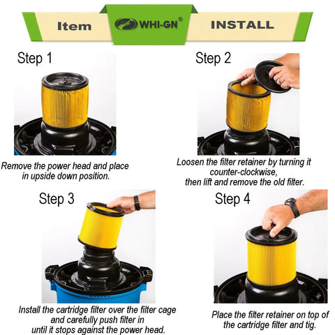 Two Pack Standard Cartridge Filter Replacement For VCFS Fits 5 To 16 Gallon Wet Dry Vacuums installation steps 1-4