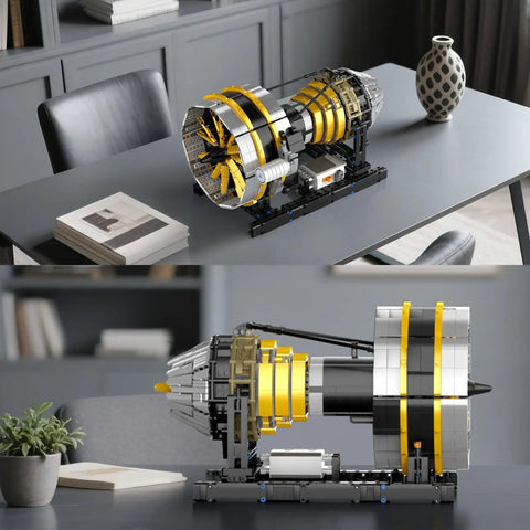 Dope Working Aircraft Engine Model Kit With Motorized Turbofan For Display, 2256 Pieces DIY STEM Project For Teens And Adults, Realistic Rotating Fan Blades And Compressor Stages, Battery Box Included, LEGO-style engine on desk