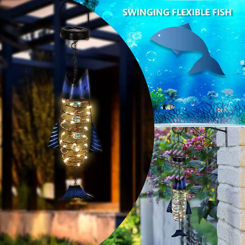 Handcrafted Iron Fish Lantern With Solar Powered Warm White LED Lights, Waterproof Outdoor Hanging Garden Decor