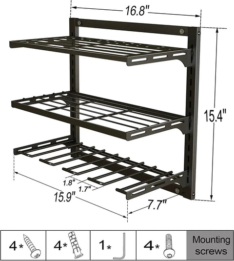 Beast Mode Power Tool Organizer Wall Mount For Garage with 3 adjustable black metal shelves and cordless drill holder, space saving design.