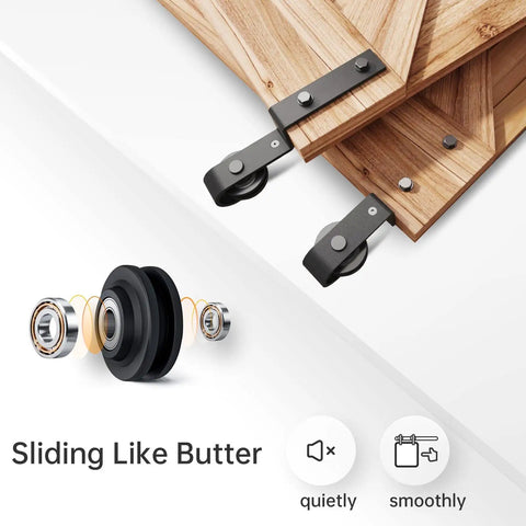 12 Ft Single Track Bypass Sliding Barn Door Hardware Kit Featuring Heavy Duty Black Powder Coated Aluminum Track with Ball Bearings.