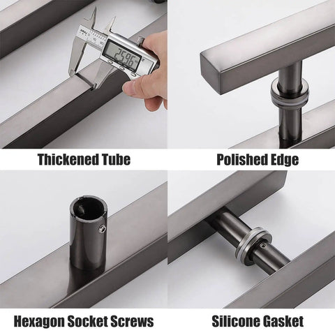 Beefy Matte Black Sliding Barn Door Pull Handle Kit with install tools for wood and glass doors, 60 cm long, details shown.