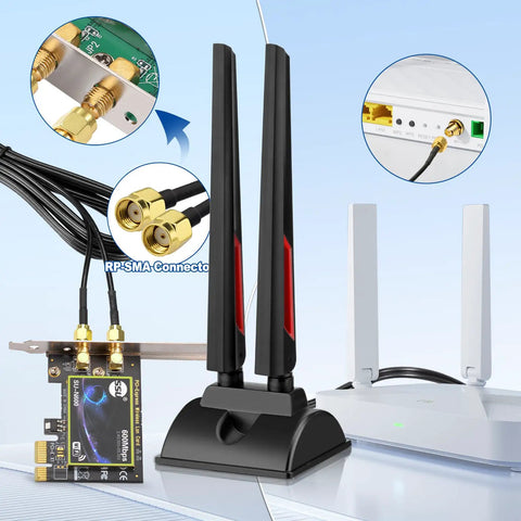 WiFi 6E Tri Band Antenna with Magnetic Base and RPSMA Extension Cable for PC Desktop, Router, and Security Cameras