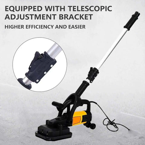 Built To Last 4 Head Concrete Angle Grinder With Long Extension Rod And Six Speed Settings showing telescopic bracket and motor.