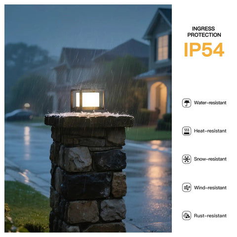 Outdoor Post Lights Hard Wired AC 100 To 240V Column Light waterproof on stone pillar, glowing at night, showing IP54 protection.