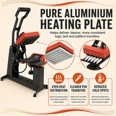 ErShangMao 350w Electric Pen Heat Press Machine With Six Position Aluminum Platen Digital Timer And Temp Control For Custom Logo Imprinting and Personalized Gifts showing pure aluminum heating plate with features.