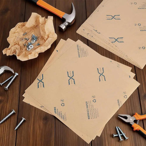 60 Sheets Anti Corrosion Paper 12x12 Inch VCI Rust Proof Packaging For Metal Parts Storage Electronics And Musical Equipment Great For Gear And Small Parts Protection, kraft sheets with screws and tools