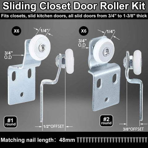 Sixteen Pack Sliding Closet Door Roller Kit With Screws For Top Hung Bypass Wardrobe Doors Includes One Half Inch And Three Eighths Inch Offset Rollers Hardware And Installation Screws For Quick Easy Fitting, showing metal rollers with offset brackets and screws