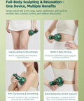 Lymphatic Drainage Massager For Legs Arms And Belly With Microcurrent Light Heat And Vibration For At Home Body Sculpting Reduces Swelling Water Retention And Cellulite shown on different body parts highlighting sculpting benefits.