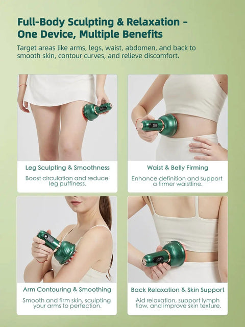 Lymphatic Drainage Massager For Legs Arms And Belly With Microcurrent Light Heat And Vibration For At Home Body Sculpting Reduces Swelling Water Retention And Cellulite shown on different body parts highlighting sculpting benefits.
