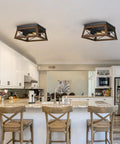Industrial Flush Mount Ceiling Light With Two Metal Fixtures in kitchen, Vintage Farmhouse Style, wood grain, silver grey finish.