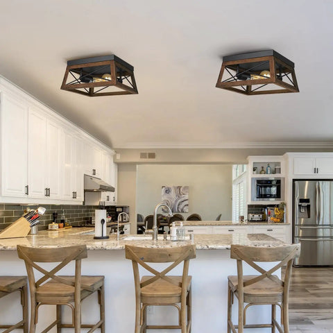 Industrial Flush Mount Ceiling Light With Two Metal Fixtures in kitchen, Vintage Farmhouse Style, wood grain, silver grey finish.