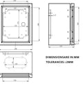 Technical drawing of IP65 Weatherproof Heavy Duty Metal Wall Mount Enclosure Box for Electrical Equipment, dimensions labeled in mm.