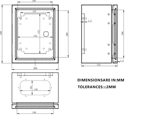 Technical drawing of IP65 Weatherproof Heavy Duty Metal Wall Mount Enclosure Box for Electrical Equipment, dimensions labeled in mm.