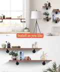 Vintage Black Iron Pipe Shelf Brackets 12 Pack Wall Mount Shelving for Rustic Home Decor displayed in a kitchen and living room.